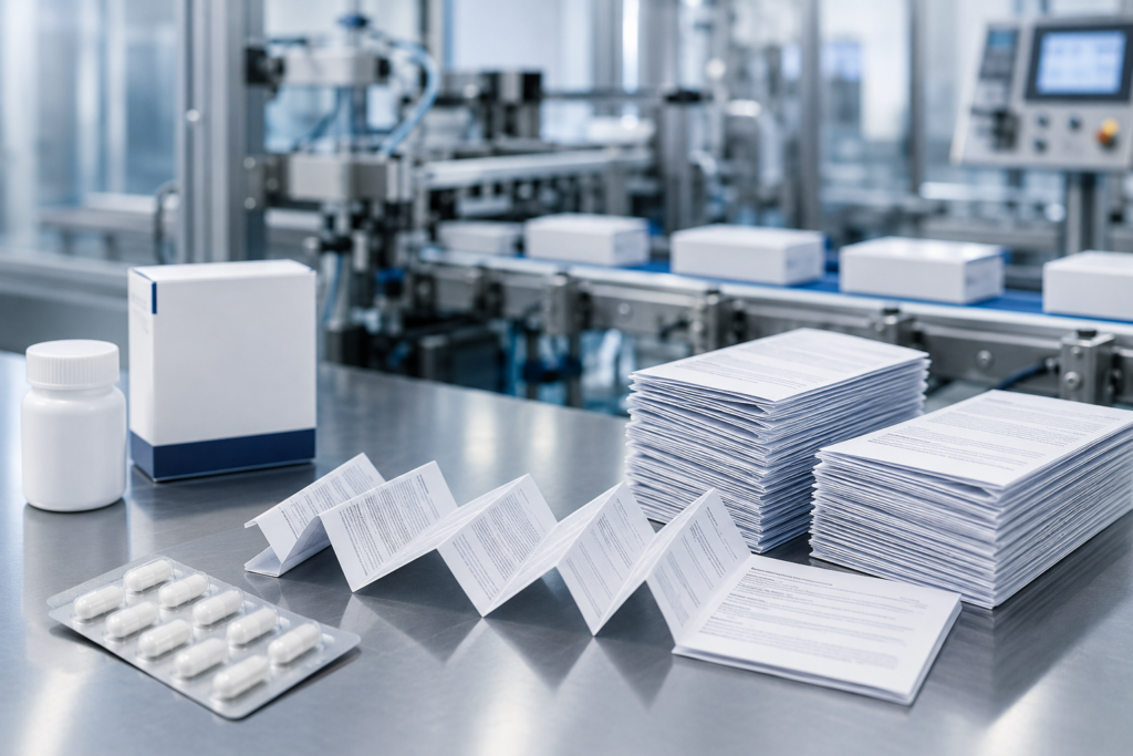 Pharmaceutical folding facility with folded medication inserts, packaged pharmaceutical products, and automated production equipment for precision pharmaceutical packaging services.